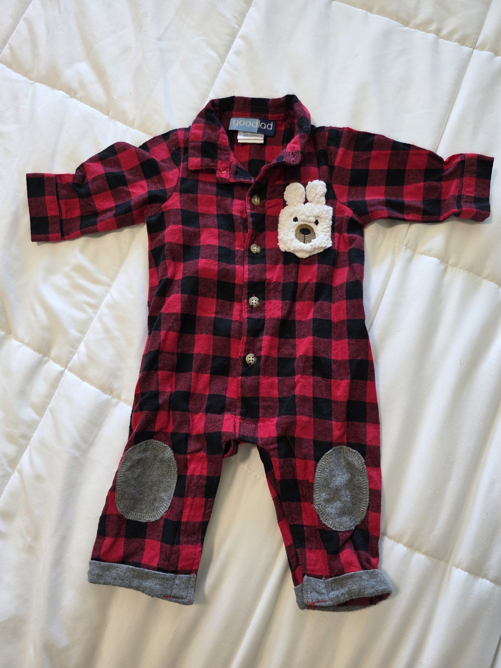 Red & Black Buffalo Plaid Baby One-Piece with Bear Detail